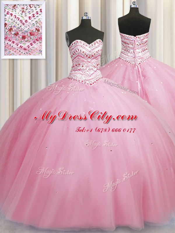 Bling-bling Big Puffy Tulle Sweetheart Sleeveless Lace Up Beading Ball Gown Prom Dress in Rose Pink