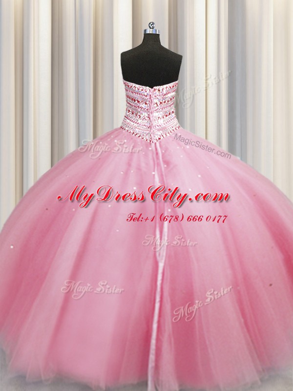 Bling-bling Big Puffy Tulle Sweetheart Sleeveless Lace Up Beading Ball Gown Prom Dress in Rose Pink