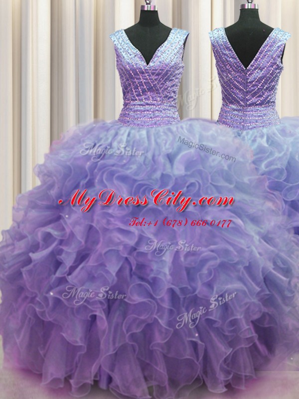 Zipper Up V-neck Sleeveless Organza Ball Gown Prom Dress Ruffles Zipper