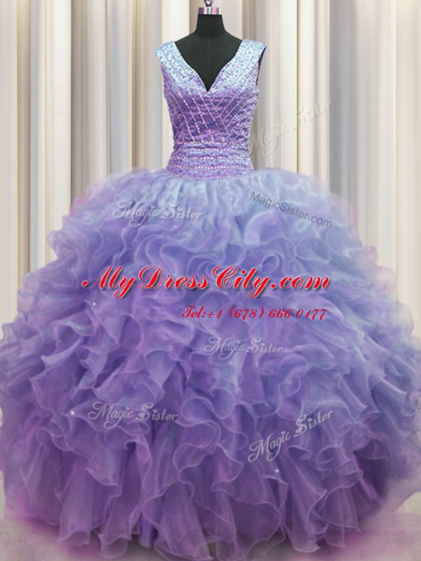 Zipper Up V-neck Sleeveless Organza Ball Gown Prom Dress Ruffles Zipper