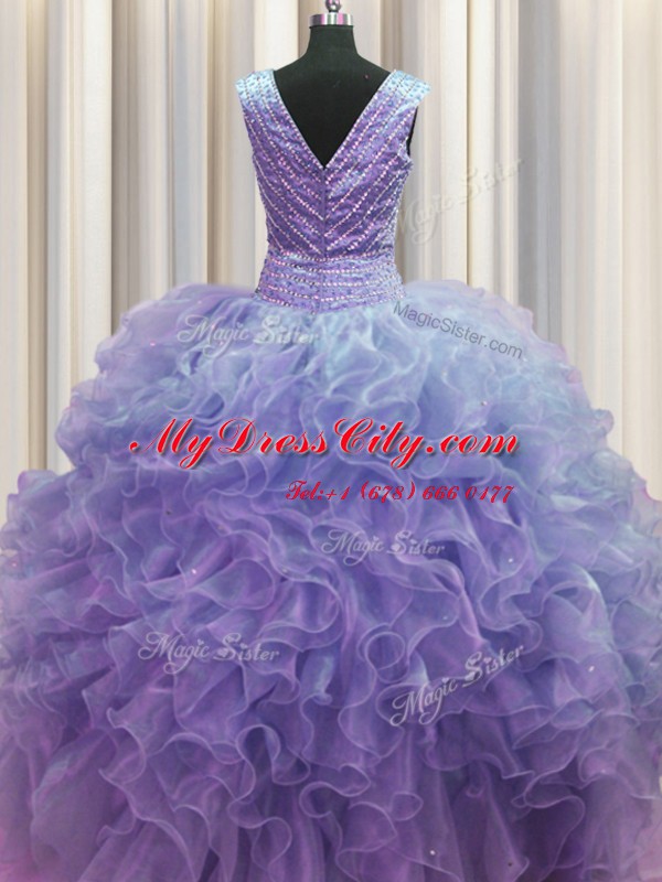 Zipper Up V-neck Sleeveless Organza Ball Gown Prom Dress Ruffles Zipper