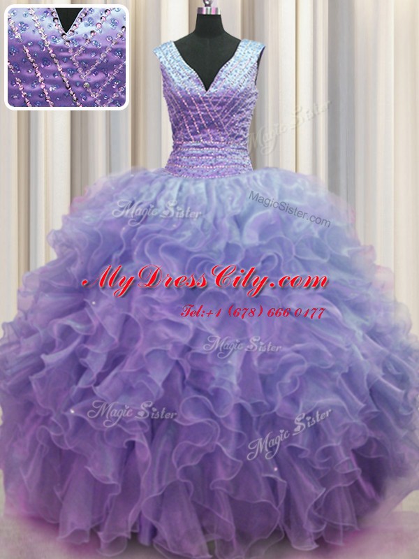 Zipper Up V-neck Sleeveless Organza Ball Gown Prom Dress Ruffles Zipper