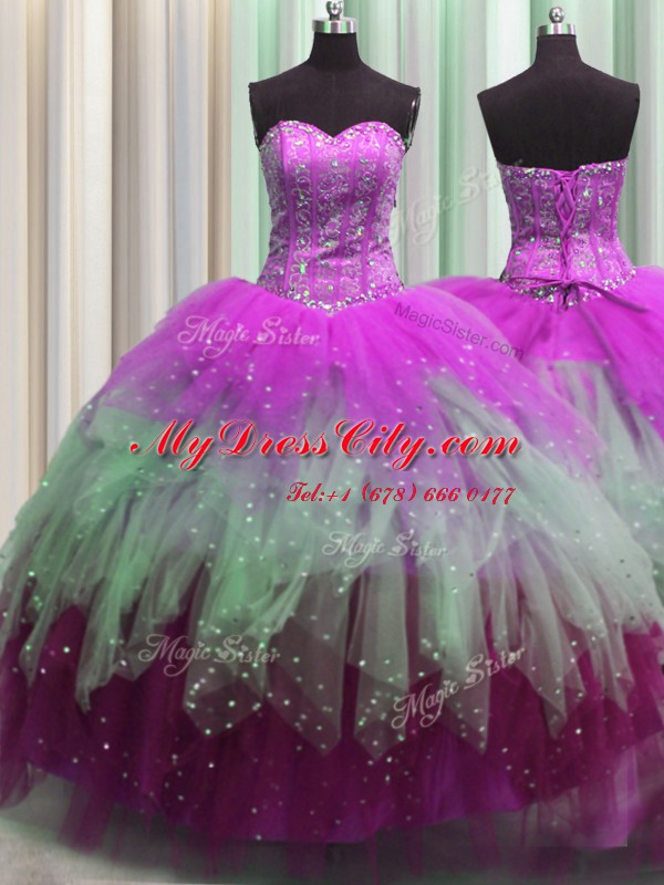 Visible Boning Multi-color Sleeveless Tulle Lace Up Quince Ball Gowns for Military Ball and Sweet 16 and Quinceanera