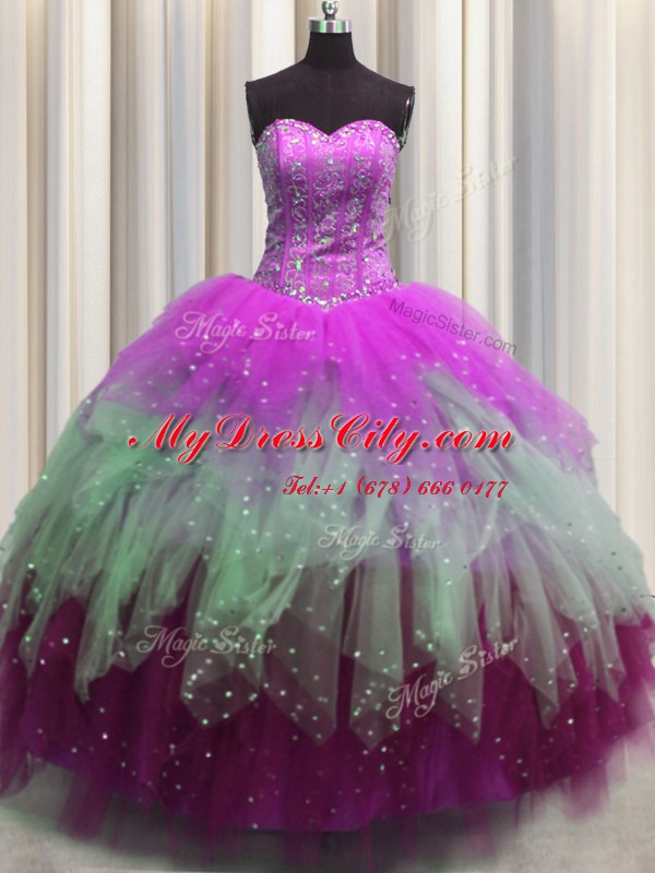 Visible Boning Multi-color Sleeveless Tulle Lace Up Quince Ball Gowns for Military Ball and Sweet 16 and Quinceanera