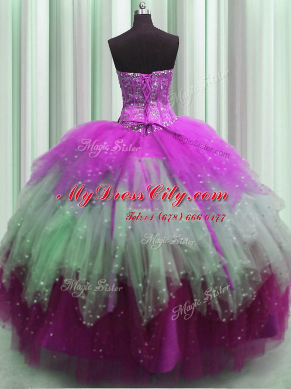 Visible Boning Multi-color Sleeveless Tulle Lace Up Quince Ball Gowns for Military Ball and Sweet 16 and Quinceanera