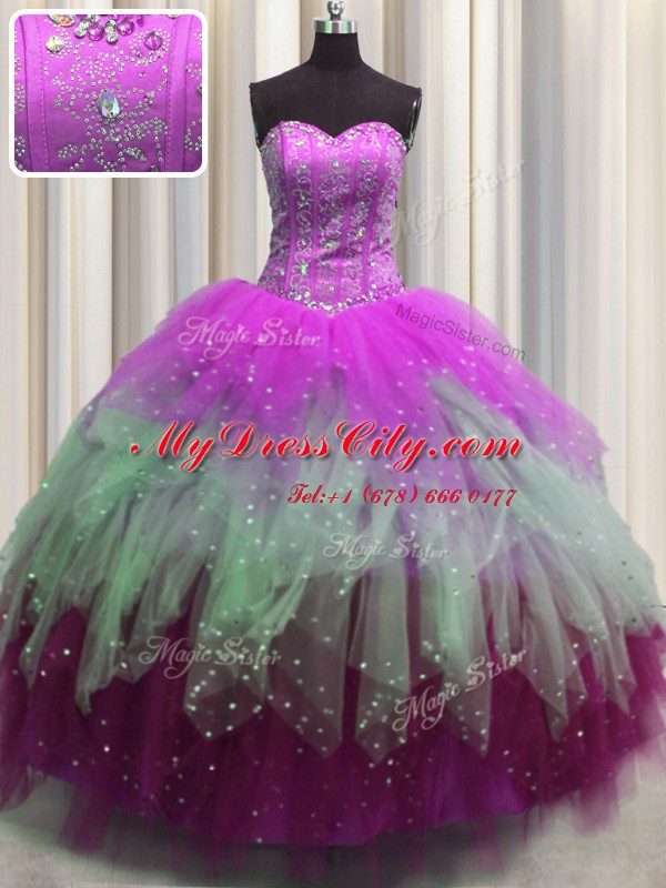 Visible Boning Multi-color Sleeveless Tulle Lace Up Quince Ball Gowns for Military Ball and Sweet 16 and Quinceanera