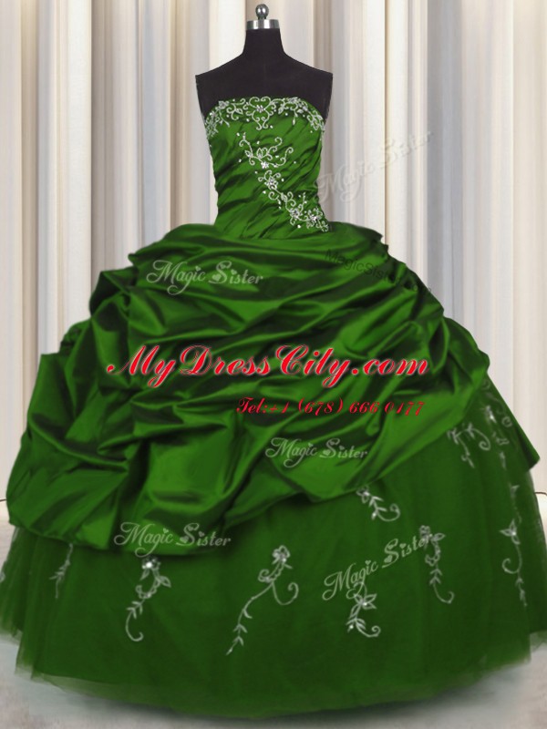 Excellent Embroidery Green Taffeta Lace Up Quince Ball Gowns Sleeveless Floor Length Beading and Appliques and Pick Ups