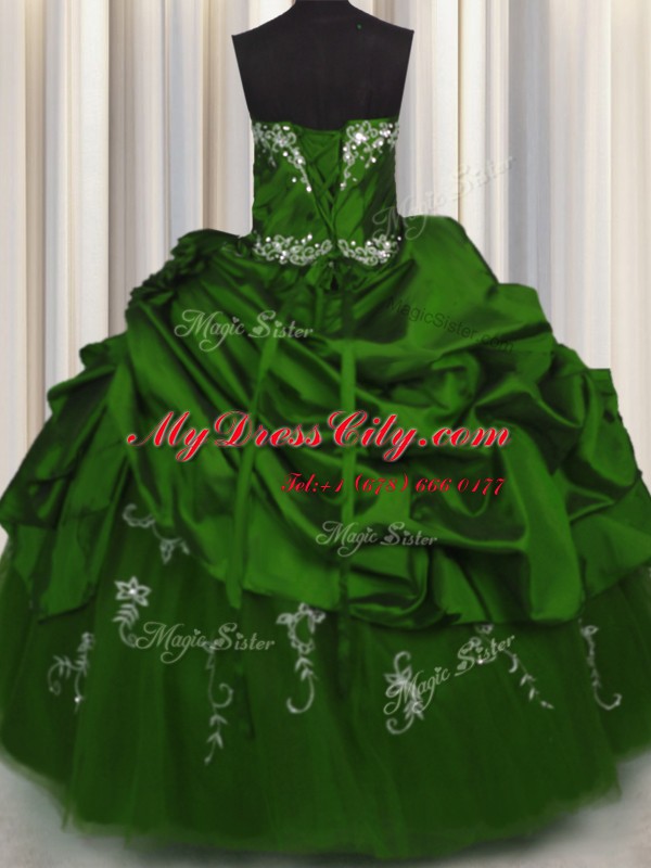 Excellent Embroidery Green Taffeta Lace Up Quince Ball Gowns Sleeveless Floor Length Beading and Appliques and Pick Ups