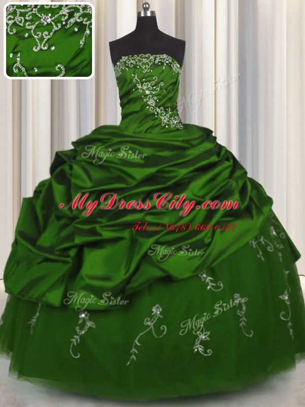 Excellent Embroidery Green Taffeta Lace Up Quince Ball Gowns Sleeveless Floor Length Beading and Appliques and Pick Ups