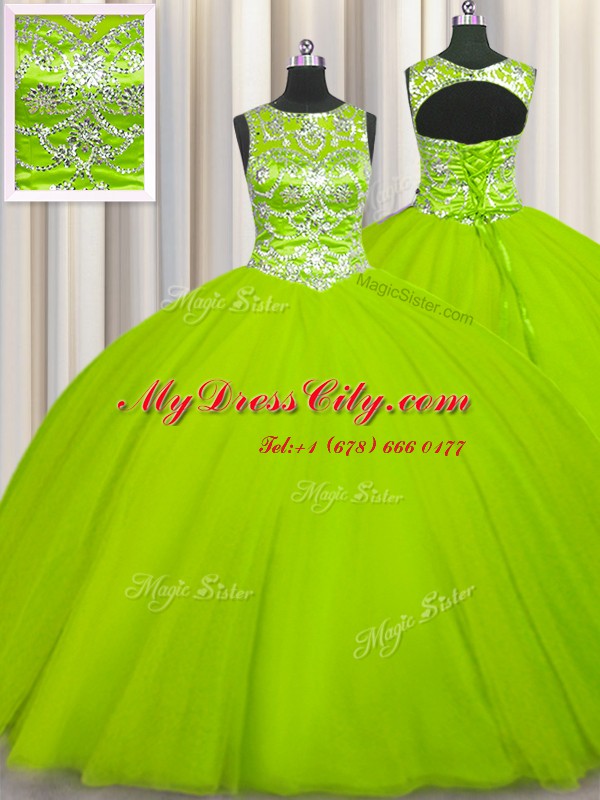 Scoop Floor Length Lace Up 15 Quinceanera Dress Yellow Green for Military Ball and Sweet 16 and Quinceanera with Beading