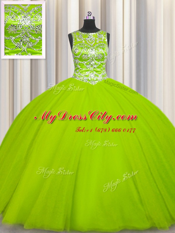 Scoop Floor Length Lace Up 15 Quinceanera Dress Yellow Green for Military Ball and Sweet 16 and Quinceanera with Beading