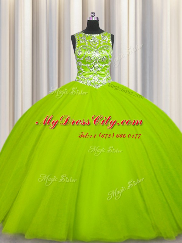 Scoop Floor Length Lace Up 15 Quinceanera Dress Yellow Green for Military Ball and Sweet 16 and Quinceanera with Beading