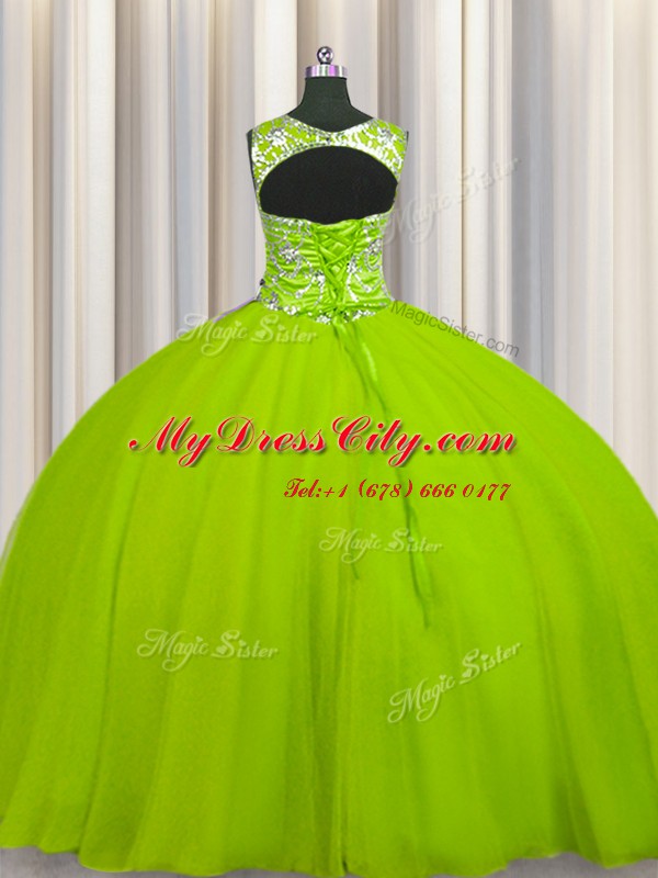 Scoop Floor Length Lace Up 15 Quinceanera Dress Yellow Green for Military Ball and Sweet 16 and Quinceanera with Beading