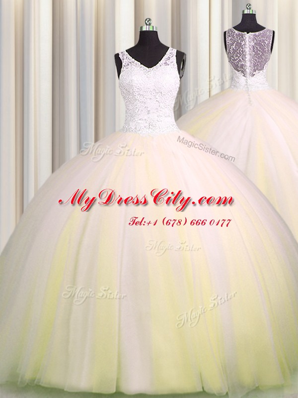 Luxurious Zipple Up Light Yellow V-neck Zipper Beading and Appliques Quinceanera Gown Brush Train Sleeveless