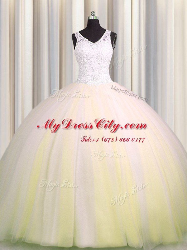 Luxurious Zipple Up Light Yellow V-neck Zipper Beading and Appliques Quinceanera Gown Brush Train Sleeveless