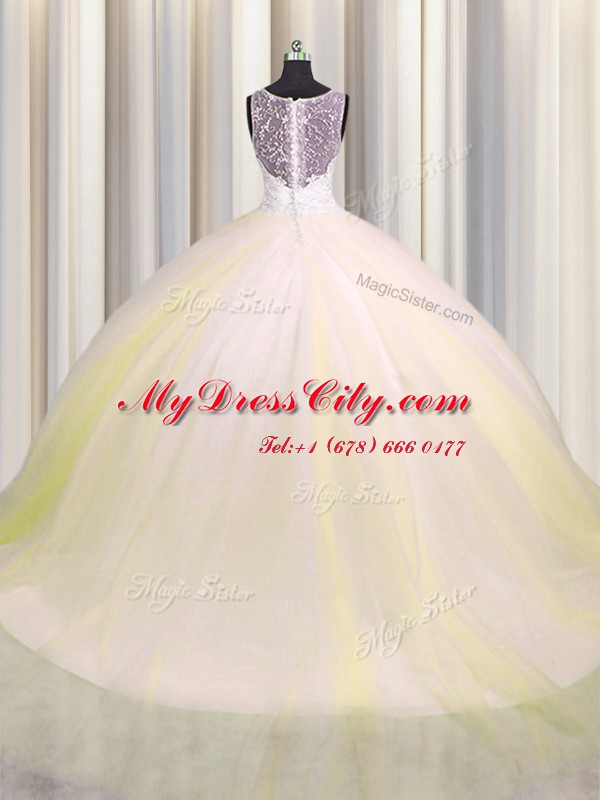 Luxurious Zipple Up Light Yellow V-neck Zipper Beading and Appliques Quinceanera Gown Brush Train Sleeveless