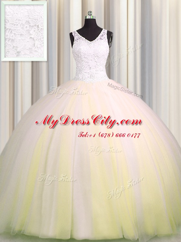 Luxurious Zipple Up Light Yellow V-neck Zipper Beading and Appliques Quinceanera Gown Brush Train Sleeveless