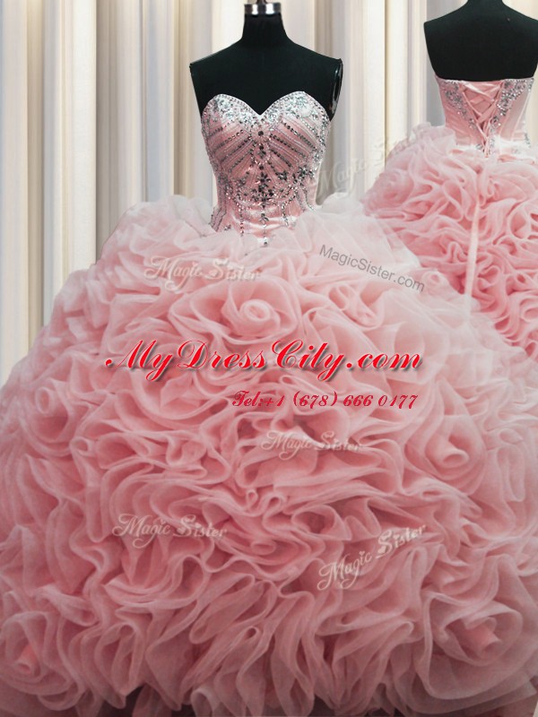 Rolling Flowers Brush Train Baby Pink Sleeveless Beading and Pick Ups Floor Length Quince Ball Gowns