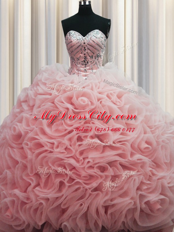 Rolling Flowers Brush Train Baby Pink Sleeveless Beading and Pick Ups Floor Length Quince Ball Gowns