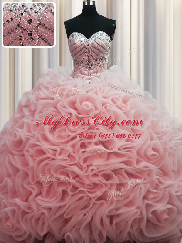 Rolling Flowers Brush Train Baby Pink Sleeveless Beading and Pick Ups Floor Length Quince Ball Gowns