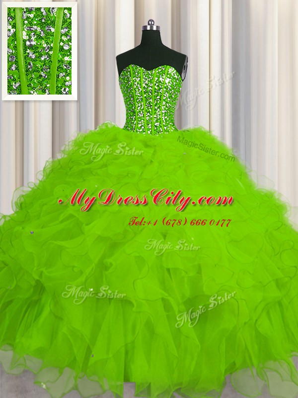 High Quality Visible Boning Sweetheart Sleeveless Tulle 15 Quinceanera Dress Beading and Ruffles and Sequins Lace Up