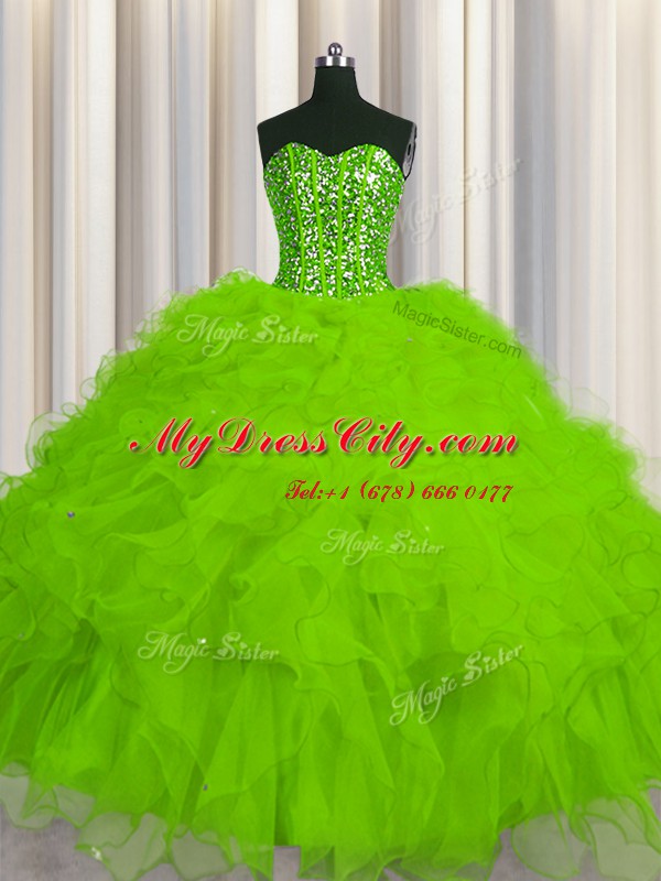 High Quality Visible Boning Sweetheart Sleeveless Tulle 15 Quinceanera Dress Beading and Ruffles and Sequins Lace Up