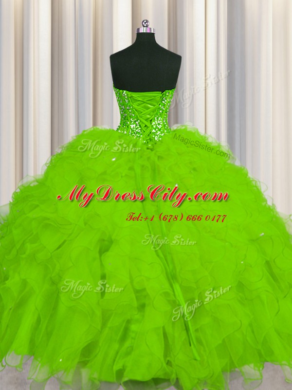 High Quality Visible Boning Sweetheart Sleeveless Tulle 15 Quinceanera Dress Beading and Ruffles and Sequins Lace Up