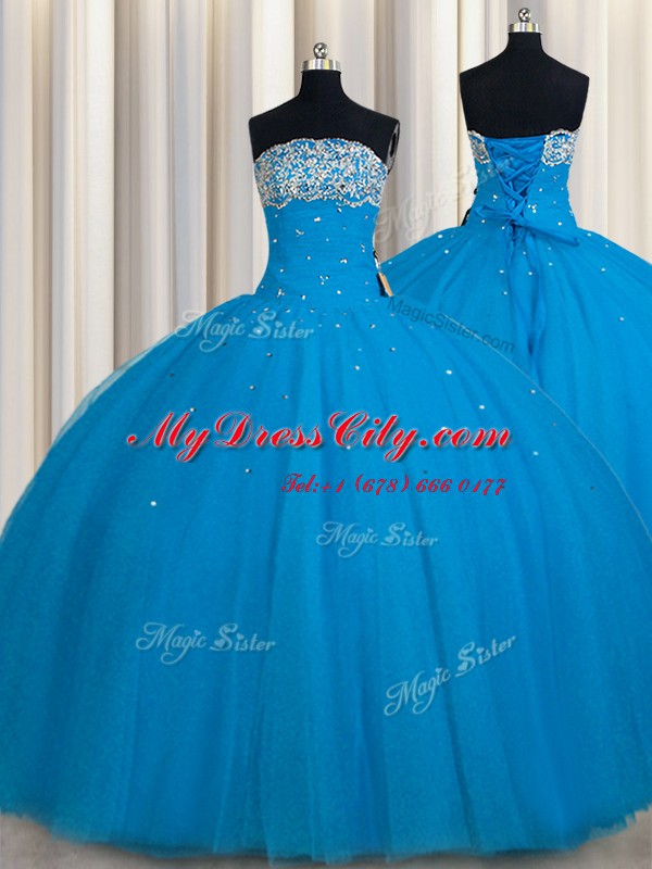 Really Puffy Teal Sleeveless Tulle Lace Up Sweet 16 Dresses for Military Ball and Sweet 16 and Quinceanera