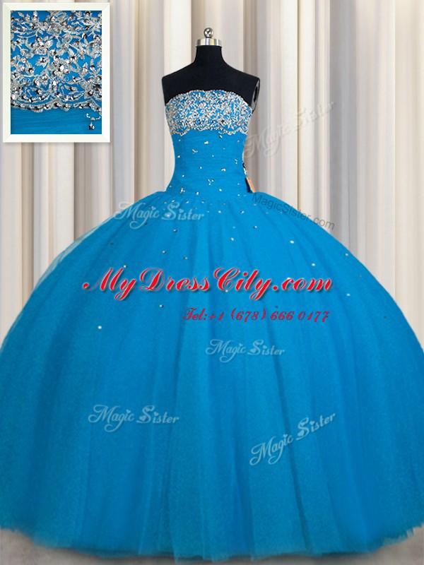 Really Puffy Teal Sleeveless Tulle Lace Up Sweet 16 Dresses for Military Ball and Sweet 16 and Quinceanera