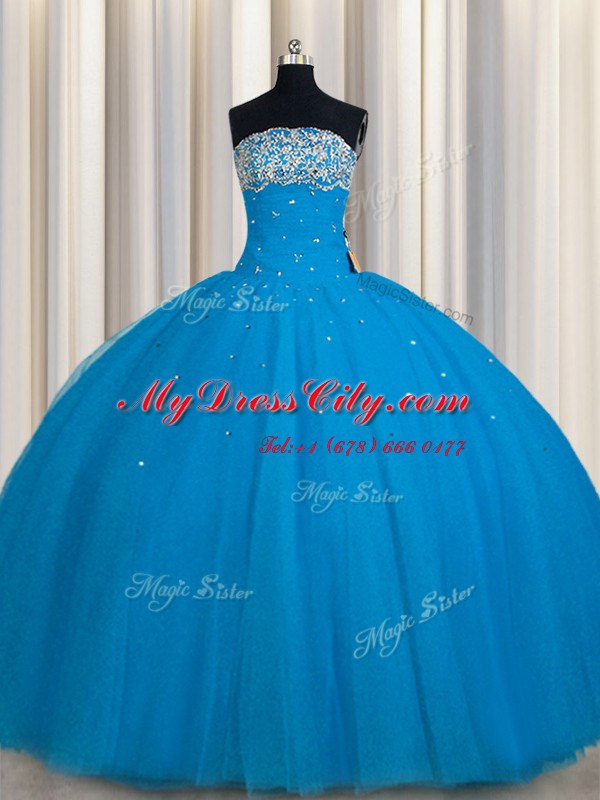 Really Puffy Teal Sleeveless Tulle Lace Up Sweet 16 Dresses for Military Ball and Sweet 16 and Quinceanera