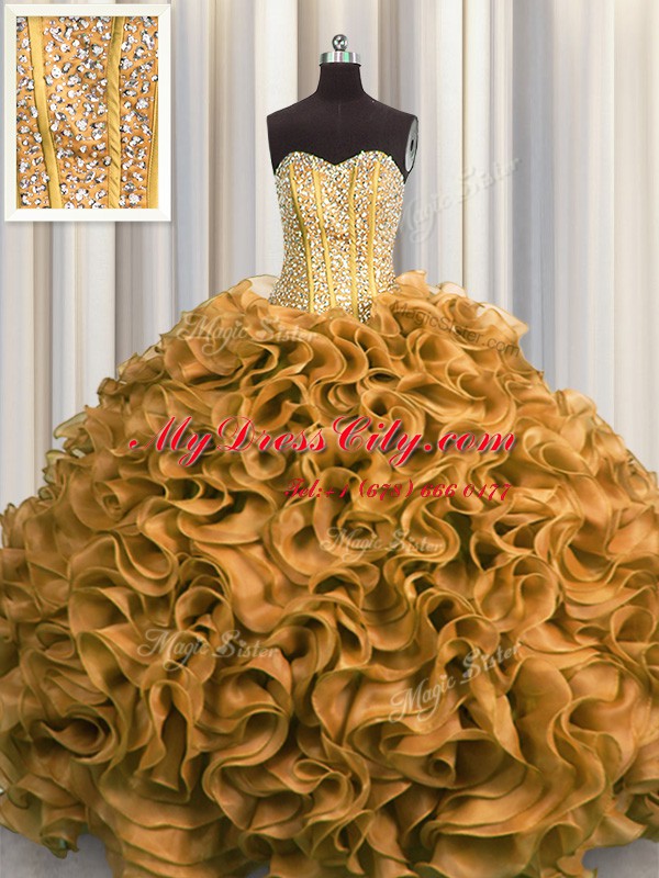 Visible Boning Gold Sleeveless Beading and Ruffles Floor Length Ball Gown Prom Dress