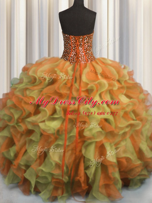 Visible Boning Beaded Bodice Multi-color 15 Quinceanera Dress Military Ball and Sweet 16 and Quinceanera and For with Beading and Ruffles Strapless Sleeveless Lace Up