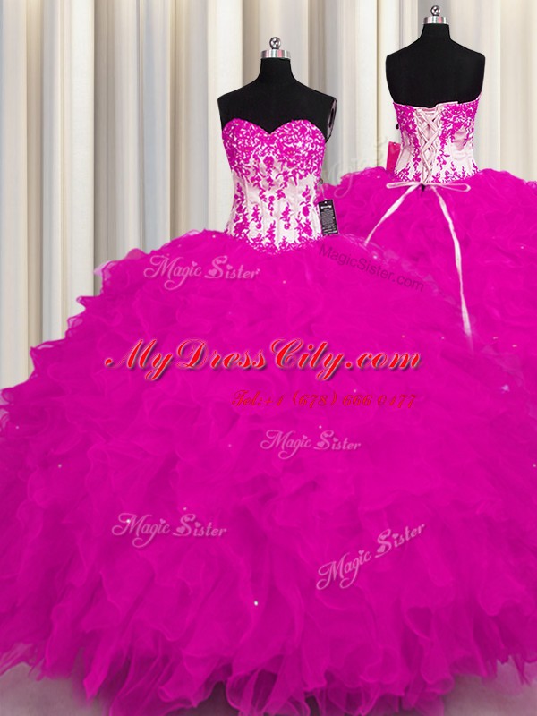 Excellent Floor Length Fuchsia Quinceanera Gowns Sweetheart Sleeveless Lace Up