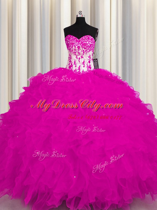 Excellent Floor Length Fuchsia Quinceanera Gowns Sweetheart Sleeveless Lace Up