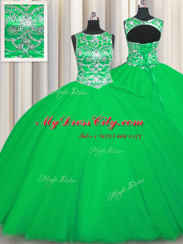 Classical Green Ball Gowns Scoop Sleeveless Tulle Floor Length Lace Up Beading Quinceanera Dress