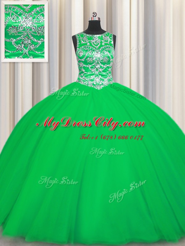 Classical Green Ball Gowns Scoop Sleeveless Tulle Floor Length Lace Up Beading Quinceanera Dress