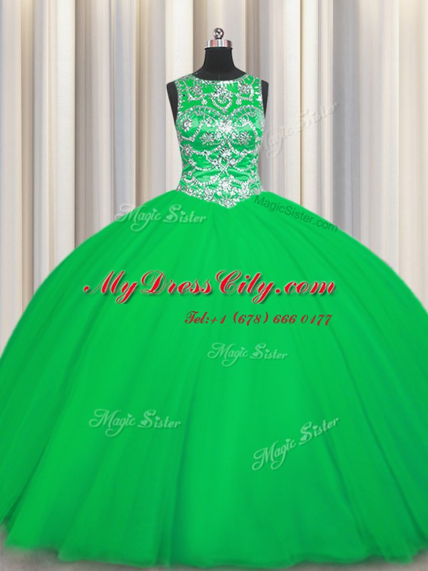 Classical Green Ball Gowns Scoop Sleeveless Tulle Floor Length Lace Up Beading Quinceanera Dress