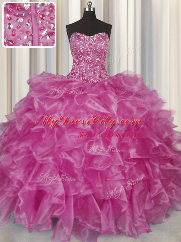 Visible Boning Organza Strapless Sleeveless Lace Up Beading and Ruffles 15th Birthday Dress in Fuchsia