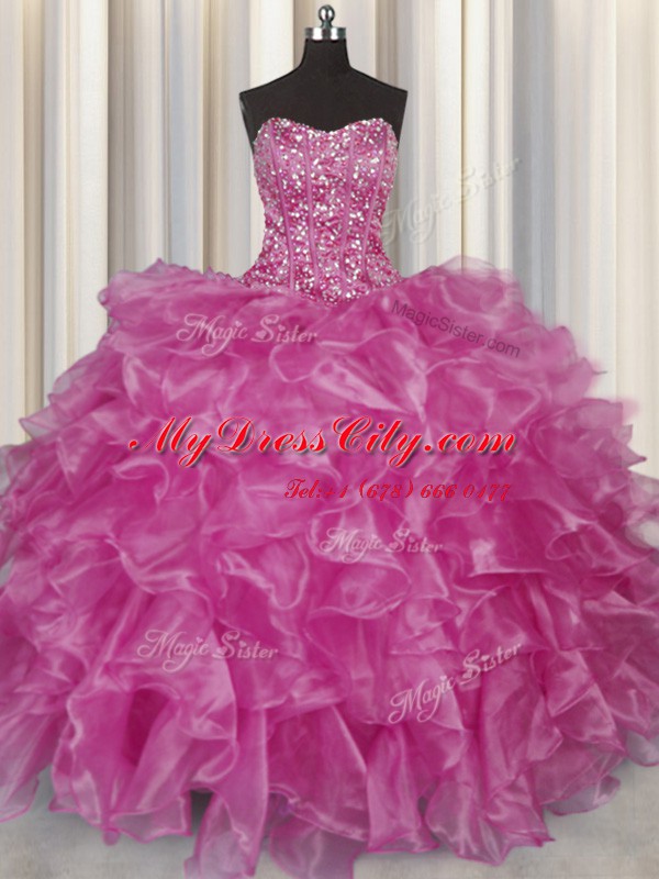 Visible Boning Organza Strapless Sleeveless Lace Up Beading and Ruffles 15th Birthday Dress in Fuchsia