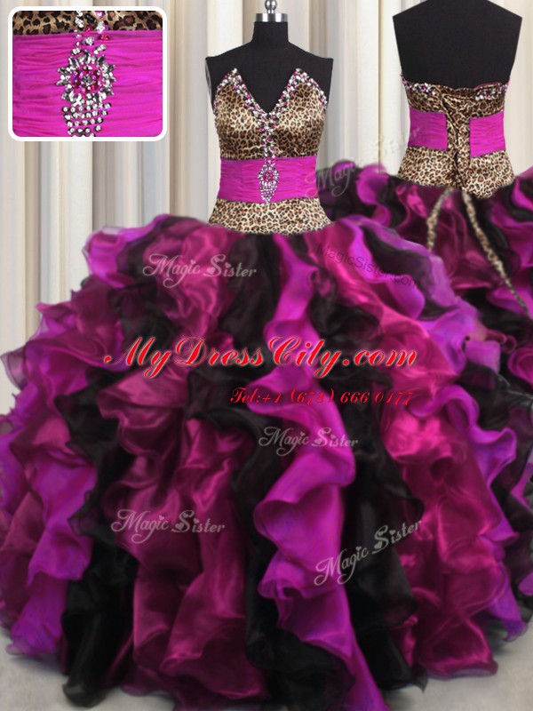 Leopard V Neck Floor Length Multi-color Quince Ball Gowns Organza Sleeveless Beading and Ruffles