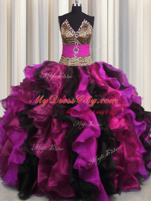 Leopard V Neck Floor Length Multi-color Quince Ball Gowns Organza Sleeveless Beading and Ruffles