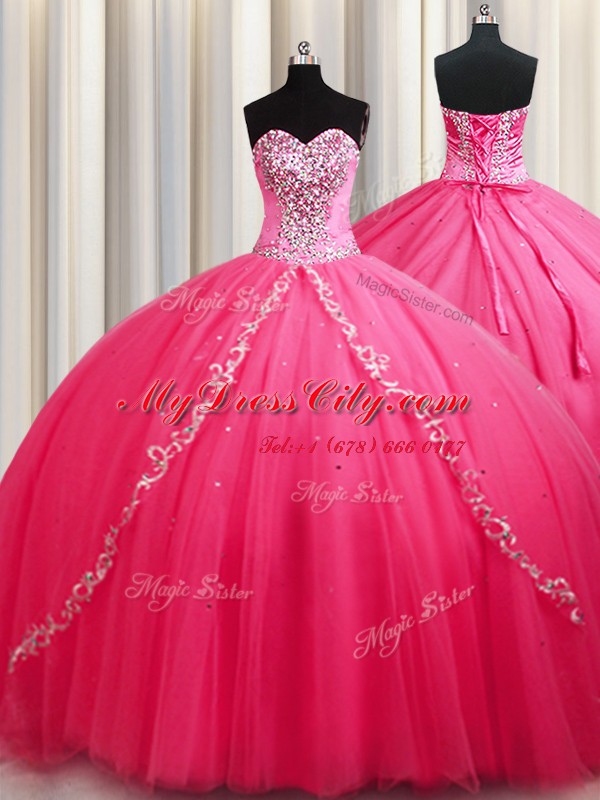 Hot Pink Vestidos de Quinceanera Tulle Brush Train Sleeveless Beading