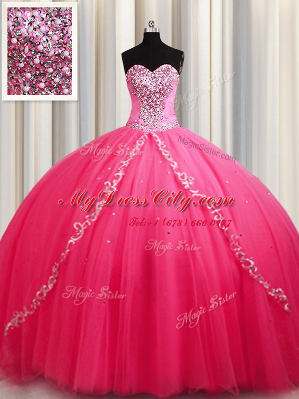 Hot Pink Vestidos de Quinceanera Tulle Brush Train Sleeveless Beading