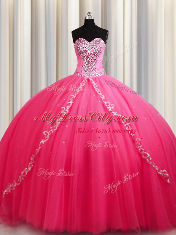 Hot Pink Vestidos de Quinceanera Tulle Brush Train Sleeveless Beading