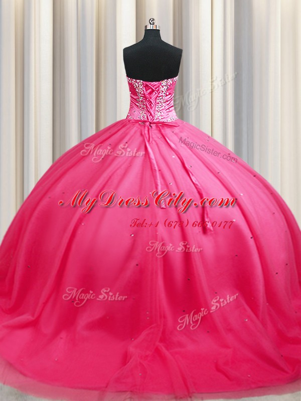 Hot Pink Vestidos de Quinceanera Tulle Brush Train Sleeveless Beading