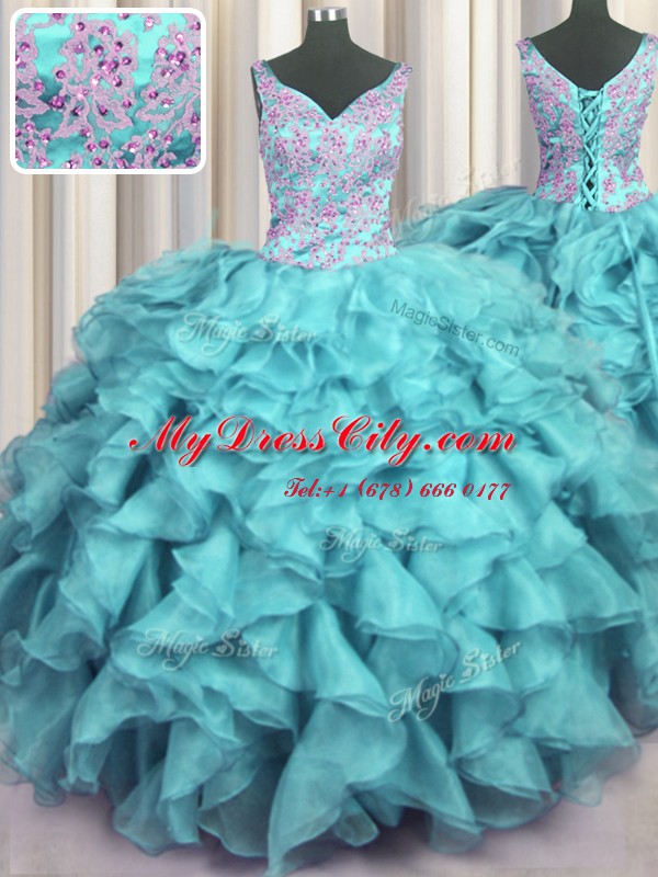 Ruffled V Neck Organza Sleeveless Floor Length Quince Ball Gowns and Appliques and Ruffles