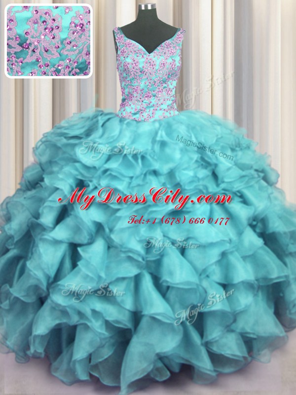 Ruffled V Neck Organza Sleeveless Floor Length Quince Ball Gowns and Appliques and Ruffles