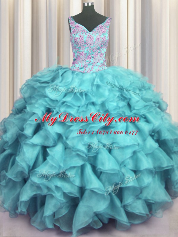 Ruffled V Neck Organza Sleeveless Floor Length Quince Ball Gowns and Appliques and Ruffles