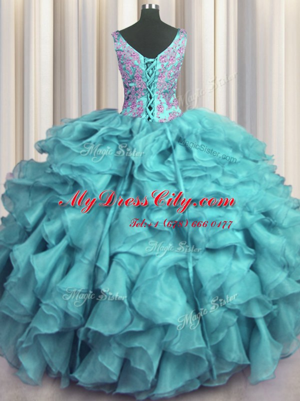 Ruffled V Neck Organza Sleeveless Floor Length Quince Ball Gowns and Appliques and Ruffles