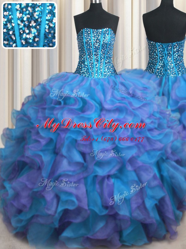 Spectacular Visible Boning Bling-bling Strapless Sleeveless Organza Quince Ball Gowns Beading and Ruffles Lace Up